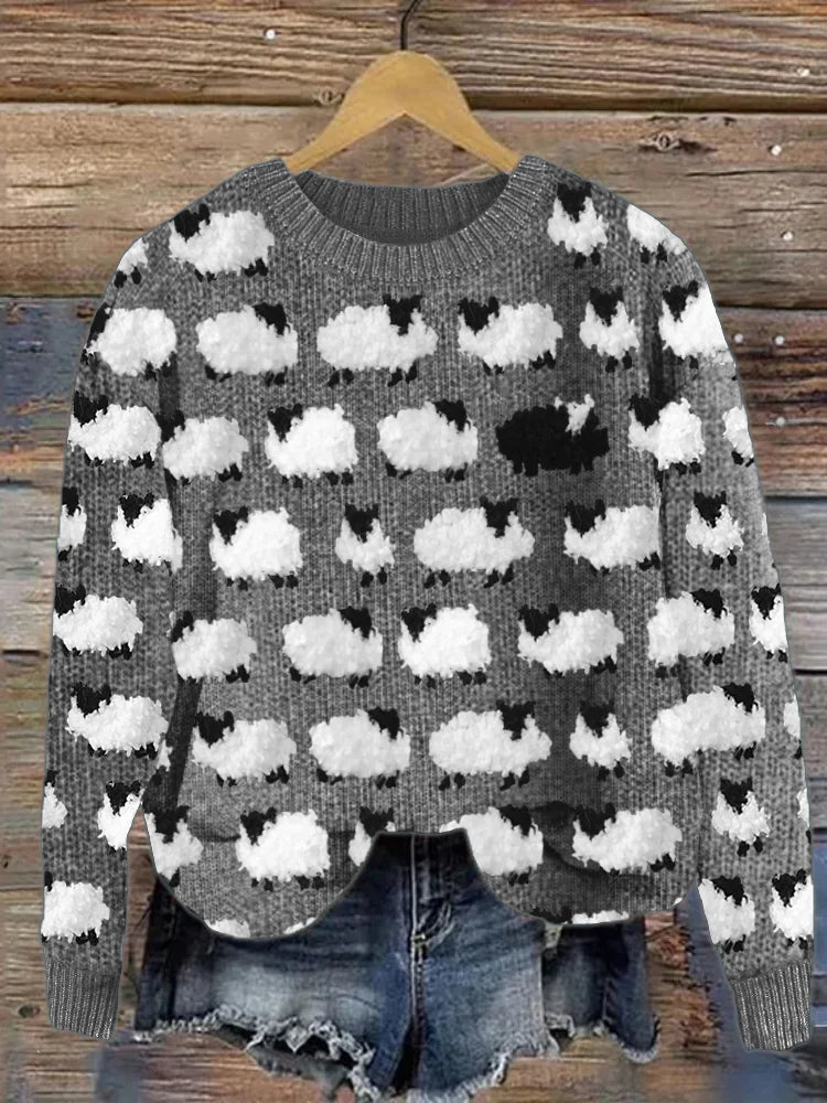 Novelty knit sweater in gray with white and black sheep pattern