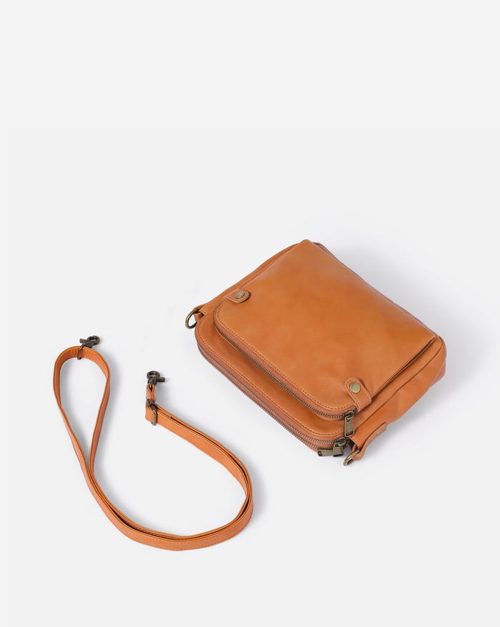 Jovie sleek three-layer crossbody bag, tan-brown with flap front and crossbody strap