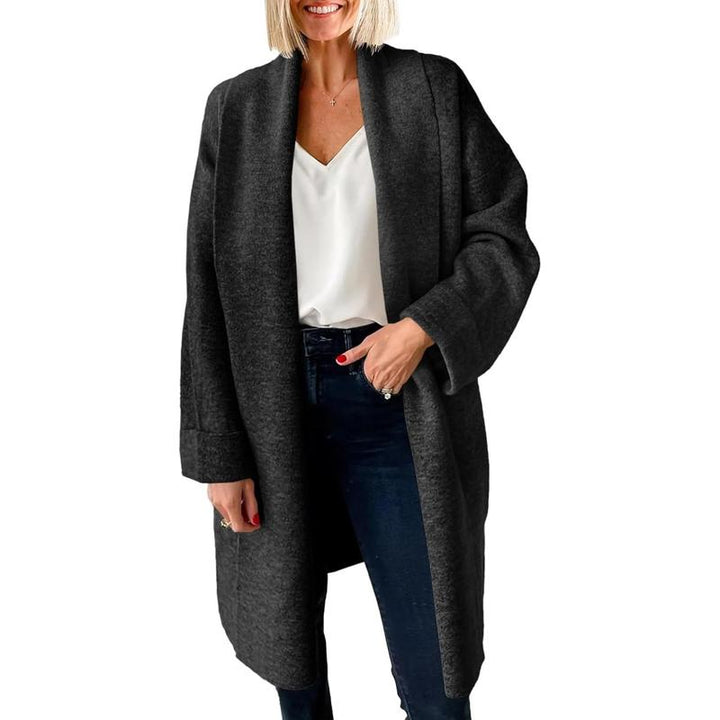 Dark gray oversized long open-front cardigan, chunky knit with relaxed drape.