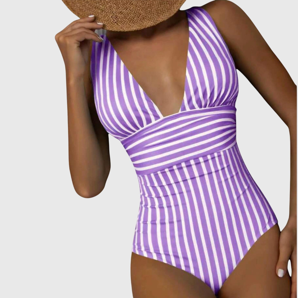 Purple and white striped one-piece swimsuit with deep V-neck