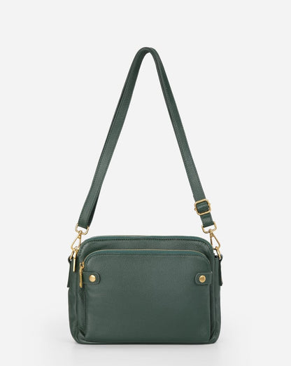 Green three-layer crossbody bag with zip front and gold-tone hardware