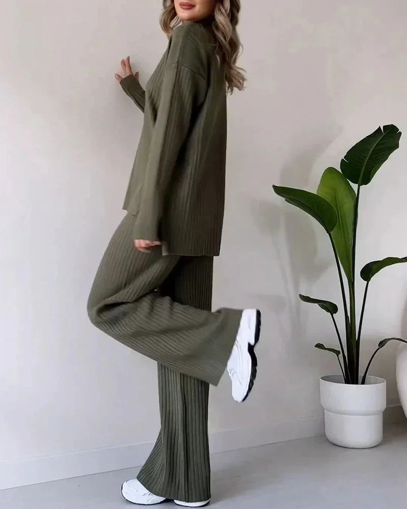 Olive green ribbed knit sweater and wide-leg pants set, relaxed long sleeves