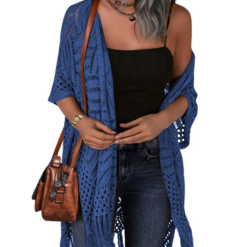 Open-front crochet knit cardigan in blue, short sleeves with openwork pattern