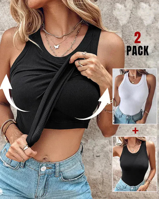 Black built-in bra tank top with scoop neck and sleeveless design