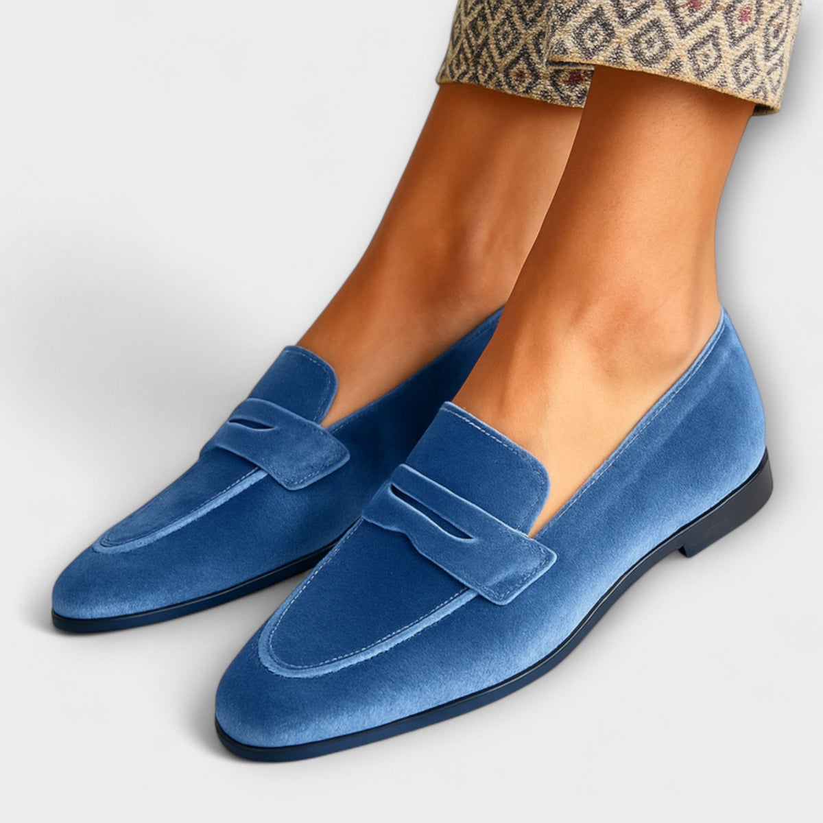 Blue velvet loafers with stitched strap and low block heel