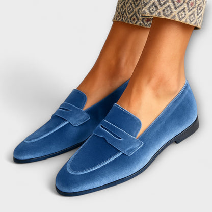 Blue velvet loafers with stitched strap and low block heel