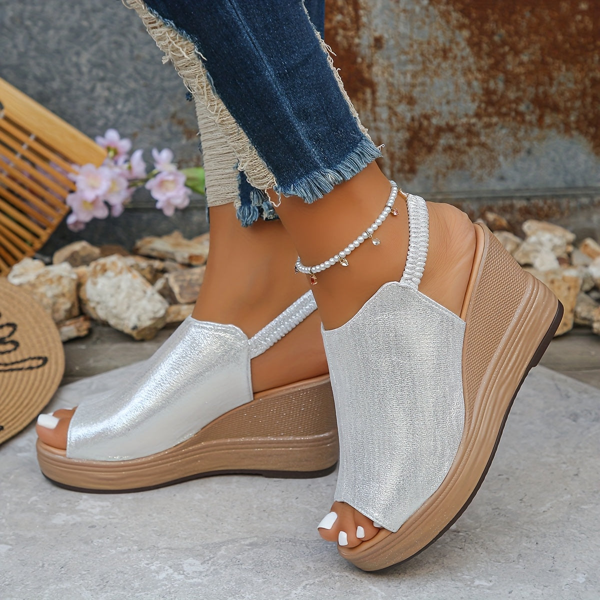 Silvery orthopedic wedge sandals with open toe and ankle strap, faux pearl anklet