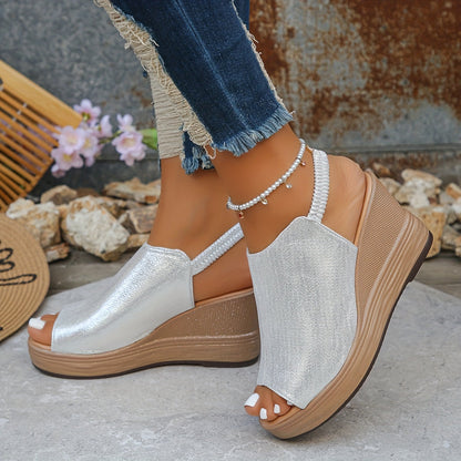 Silvery orthopedic wedge sandals with open toe and ankle strap, faux pearl anklet