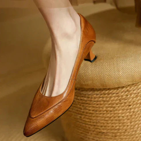Brown pointed-toe pumps with low block heel and a clean topline.