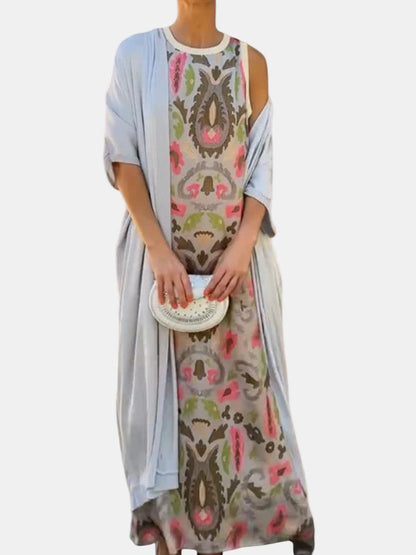 Sleeveless maxi dress in light grey with multicolor animal-floral print, crew neck