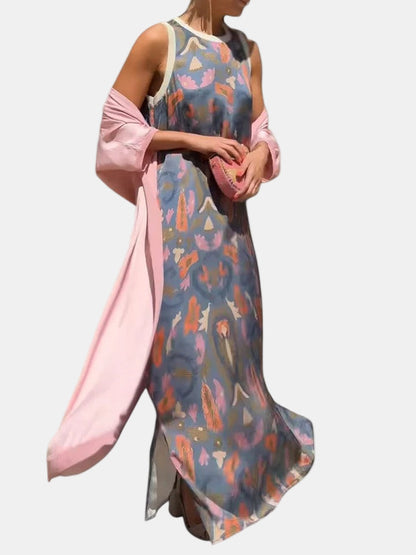 Sleeveless maxi dress in dusty blue-grey with multicolor abstract print, crew neck
