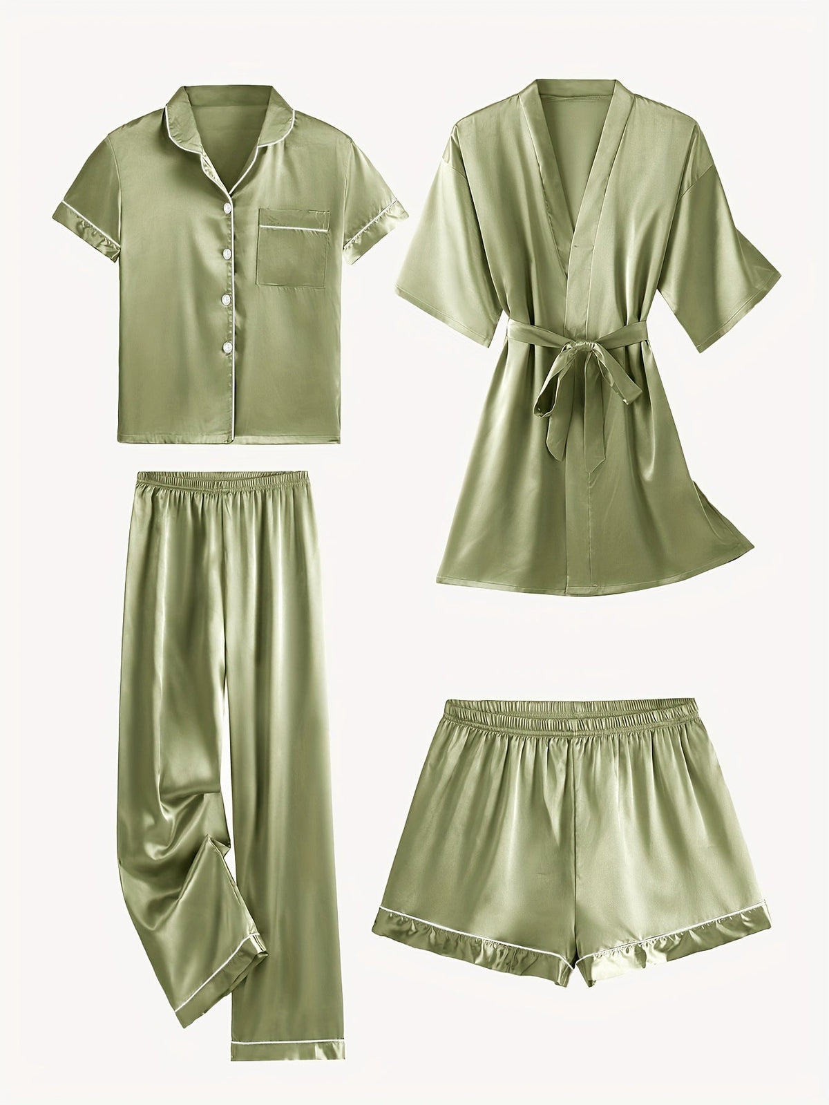 Green satin pajama set with mid-sleeve button top, belt-tied robe, and elastic pants