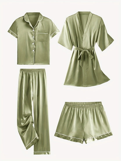 Green satin pajama set with mid-sleeve button top, belt-tied robe, and elastic pants