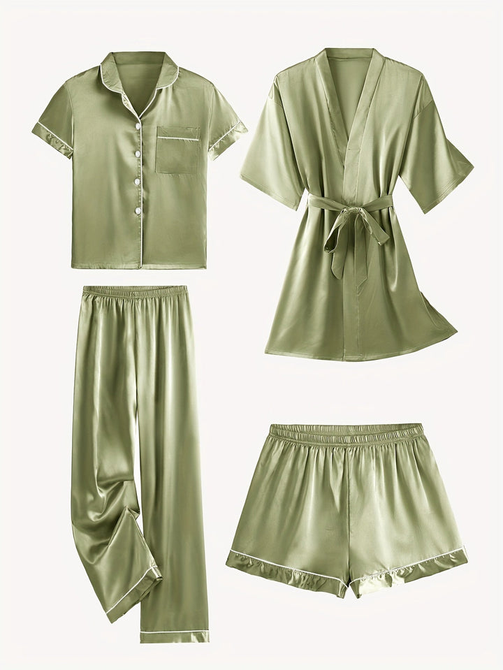 Green satin pajama set with mid-sleeve button top, belt-tied robe, and elastic pants