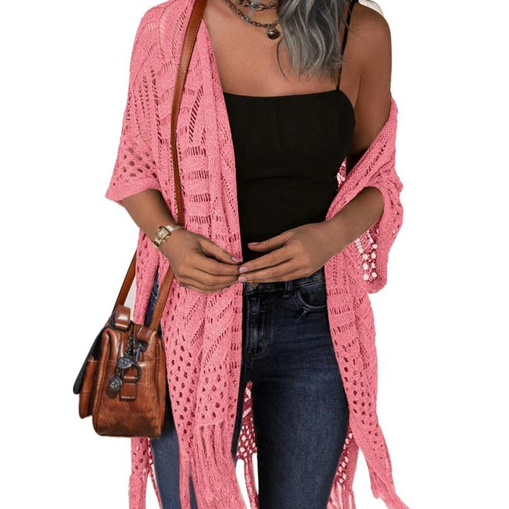 Open-front crochet knit cardigan in pink, short sleeves with openwork pattern