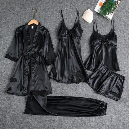 Black satin silk 5-piece nightwear set with lace-trim robe, camisole, and shorts