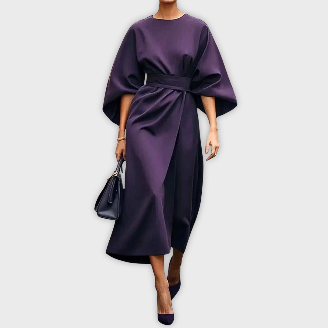 Purple belted dolman sleeve midi dress with waist tie and side drape.