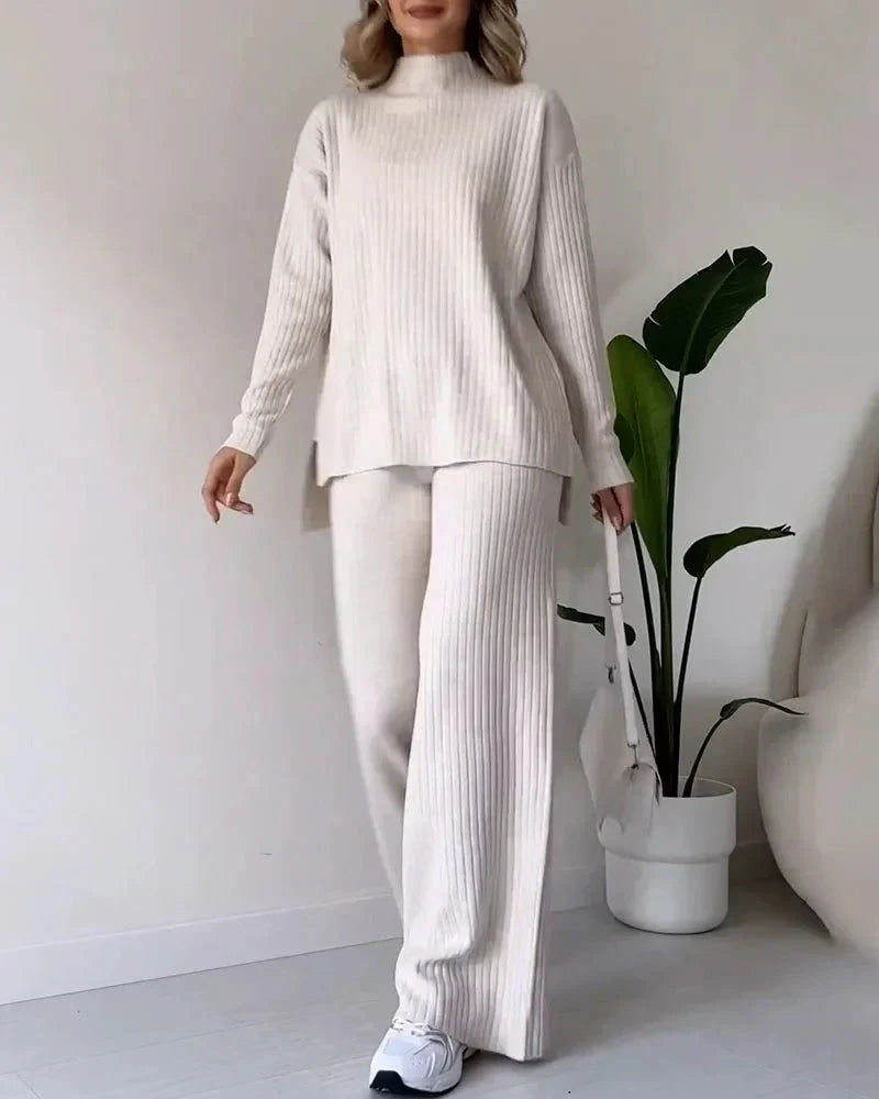White ribbed knit sweater and wide-leg pants set, mock neck, straight wide legs