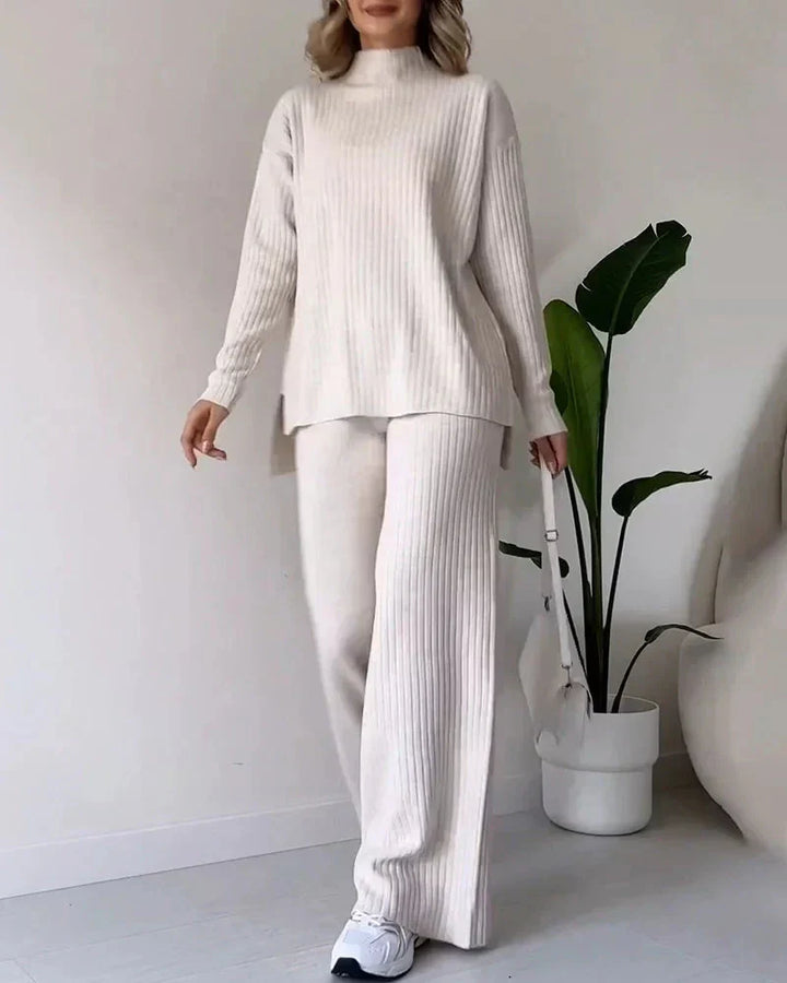 White ribbed knit sweater and wide-leg pants set, mock neck, straight wide legs