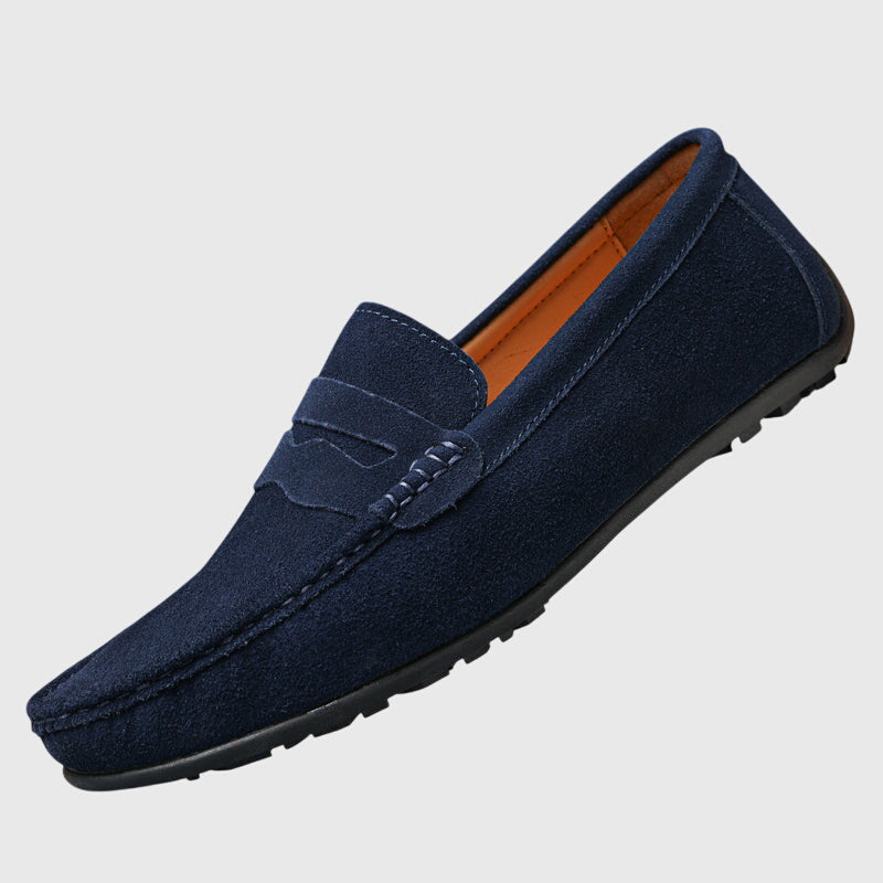 Navy suede orthopaedic loafer with slip-on penny strap and contrast stitching