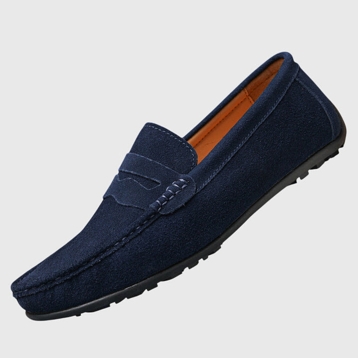 Navy suede orthopaedic loafer with slip-on penny strap and contrast stitching