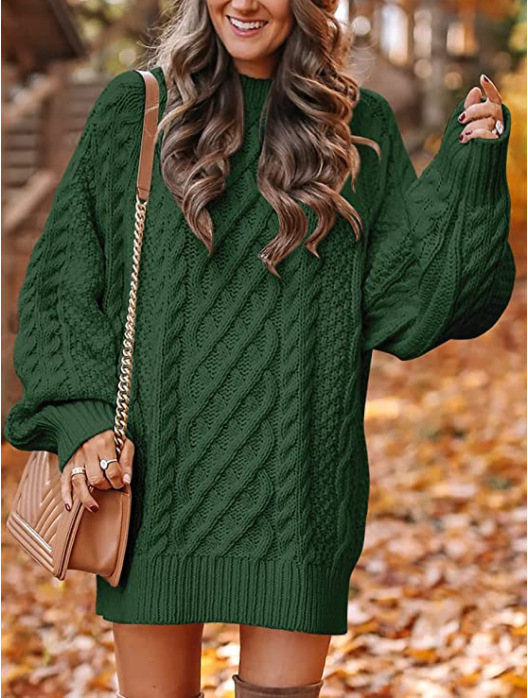 EMORY™ oversized knit sweater, dark green cable knit, round neck, ribbed hem and cuffs