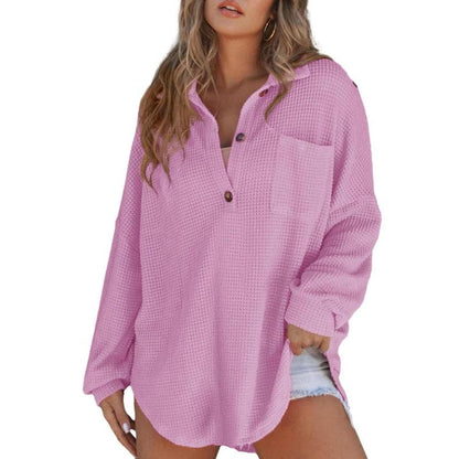 Purple waffle V-neck long sleeve sweater with button placket and chest pocket