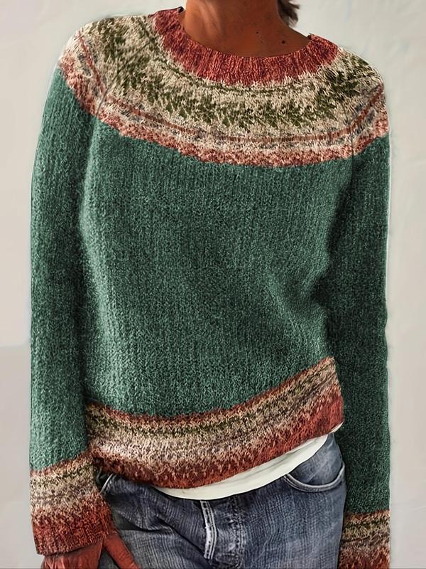 Green knit sweater with multicolor stripe crew yoke and ribbed cuffs