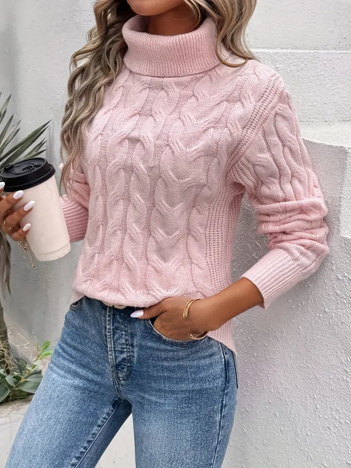 Blush pink cable knit turtleneck sweater with long sleeves