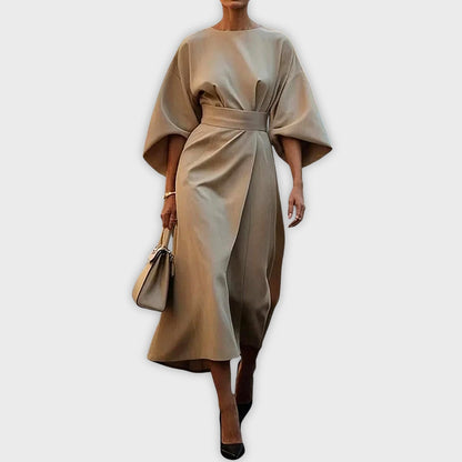 Beige belted dolman sleeve midi dress with waist twist knot.