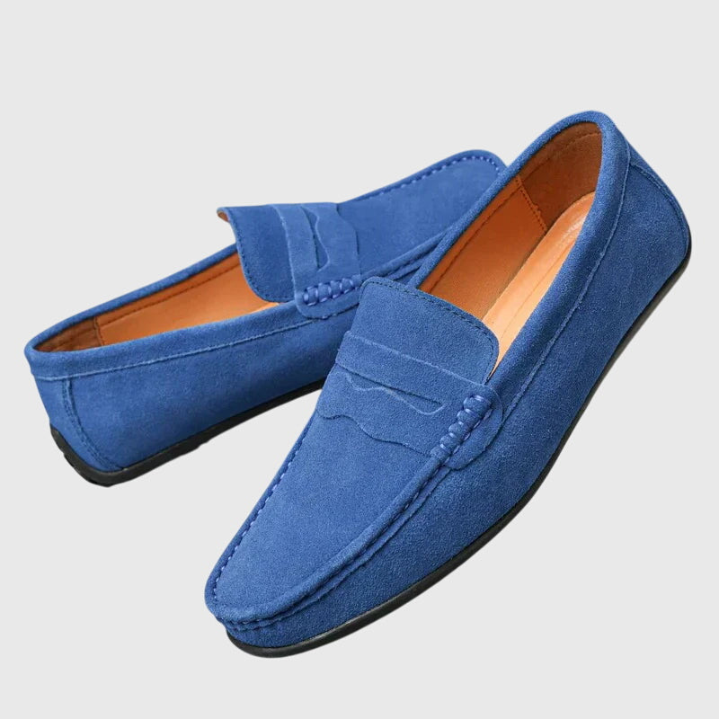 Blue suede orthopaedic loafers, slip-on moccasin with stitched seam