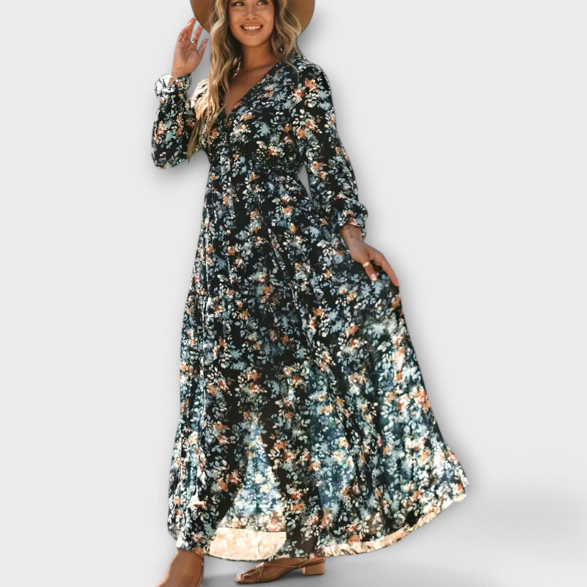 Floral maxi dress with V-neck, long sleeves, gathered waist and flowy tiered skirt