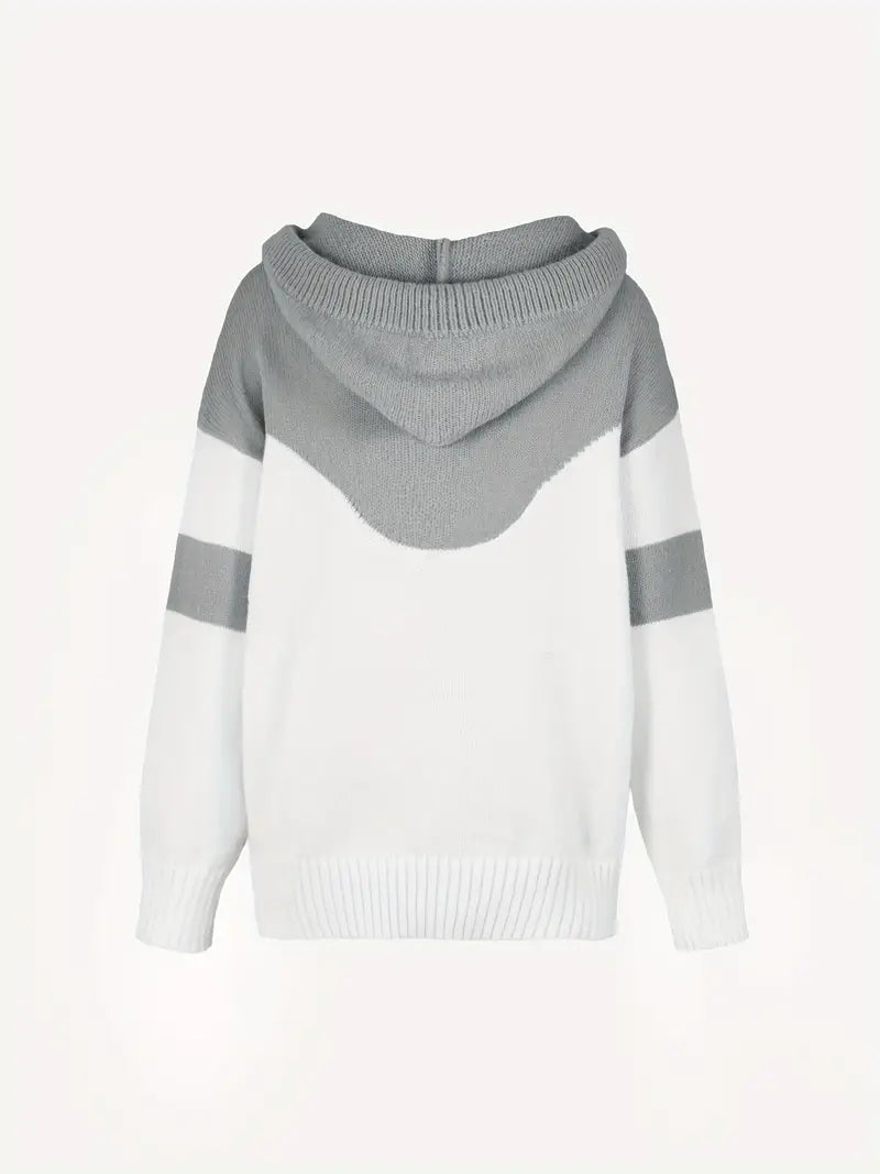 Grey and white dual-tone hoodie with hood and drawstring, back view