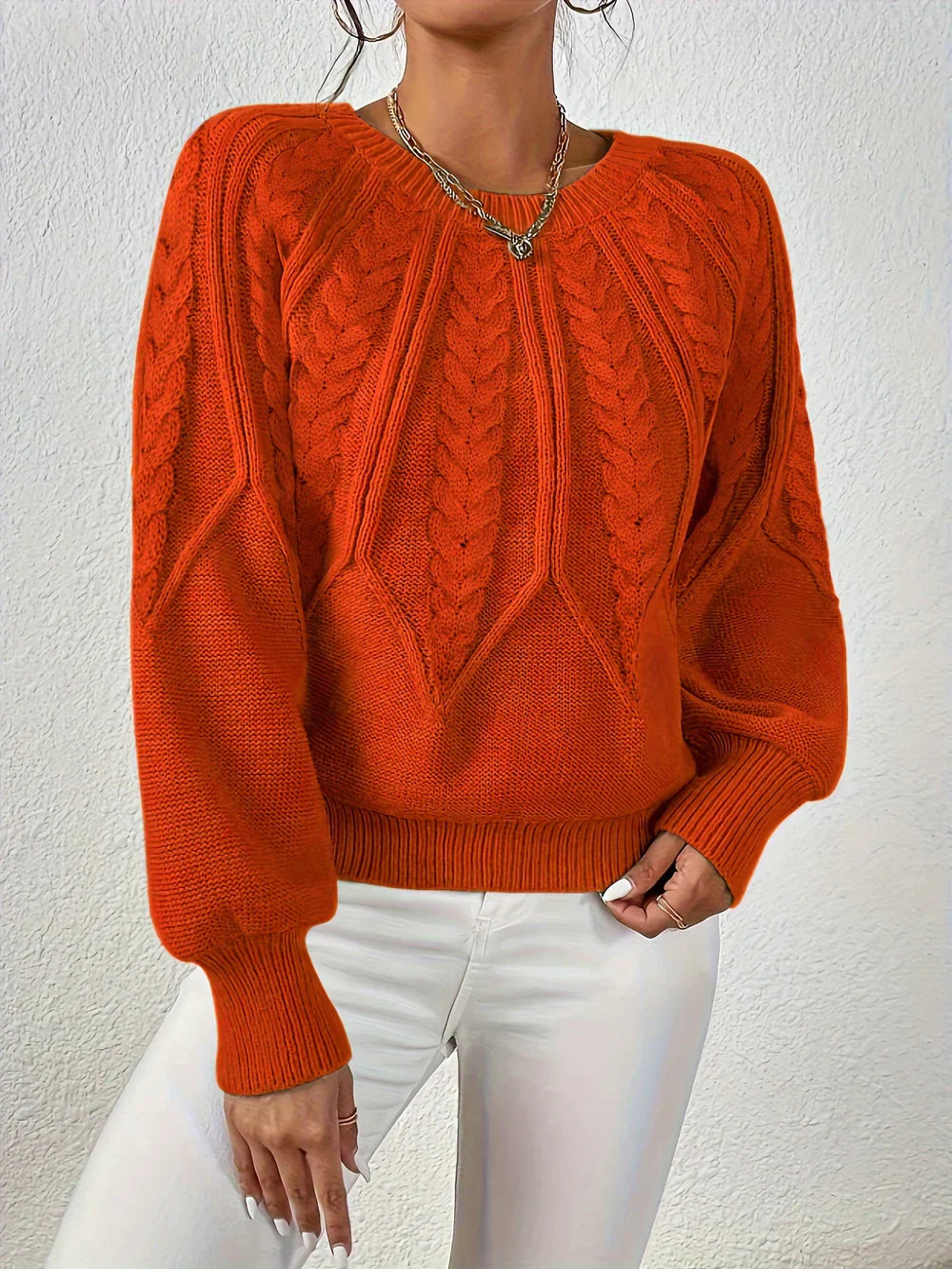 Classic comfort sweater in orange with cable knit pattern, crew neck, long sleeves