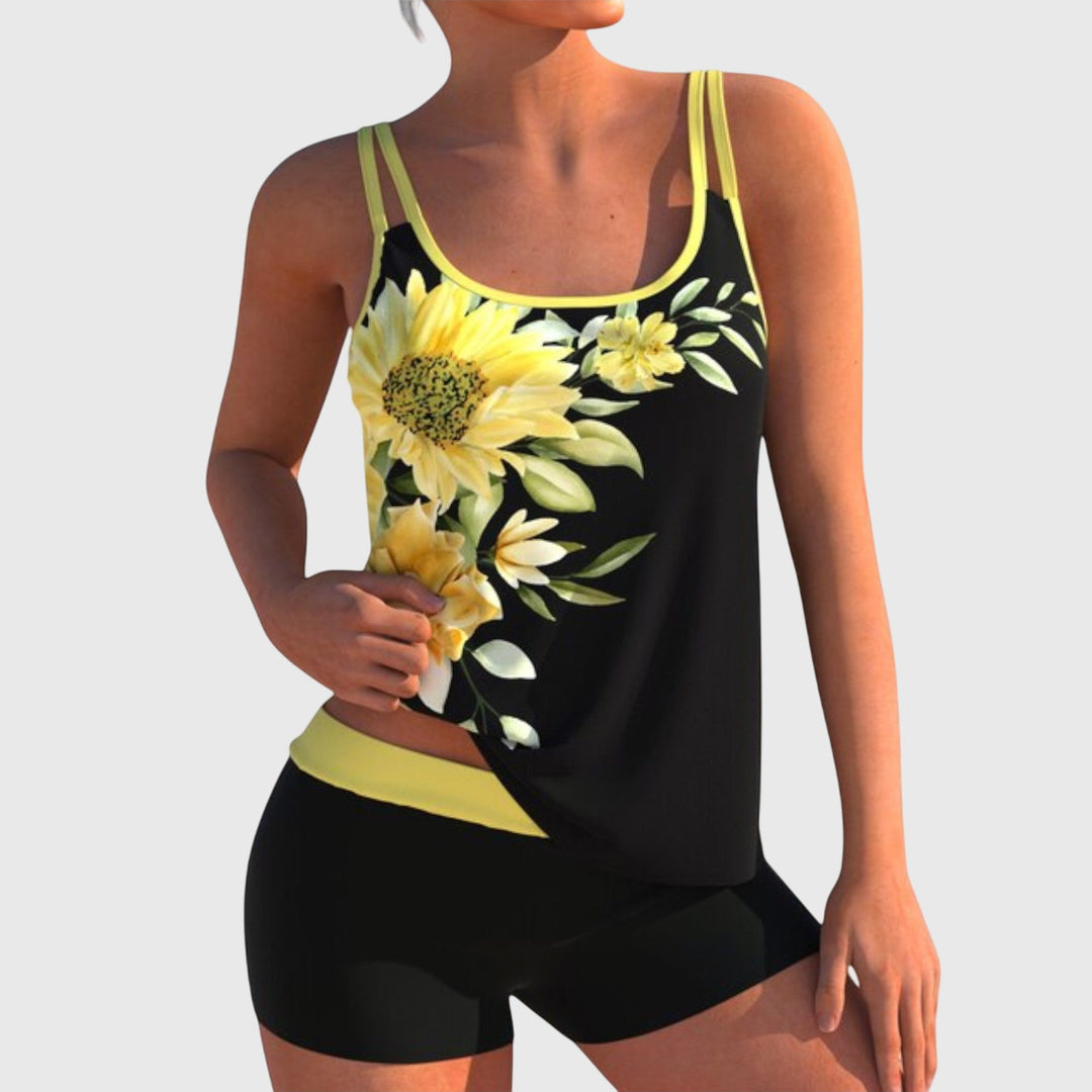 Two-piece swimsuit with yellow sunflower print on black, lime trim, scoop neck
