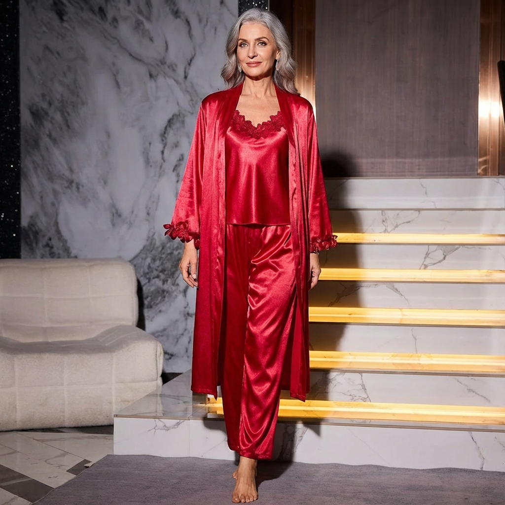 Red satin sleepwear set: lace camisole, pants, and long robe with lace cuffs
