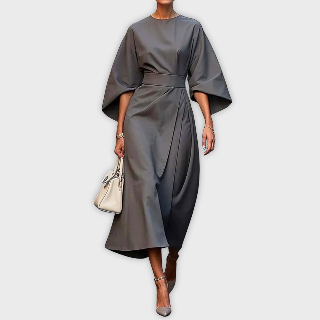Gray belted dolman sleeve midi dress with waist tie and side drape.