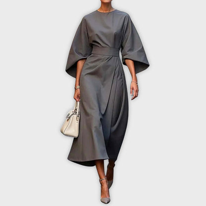 Gray belted dolman sleeve midi dress with waist tie and side drape.