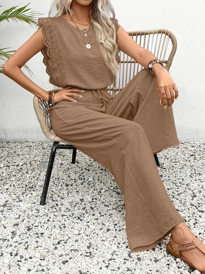 Zella™ taupe sleeveless lace-trim top and wide-leg trousers set