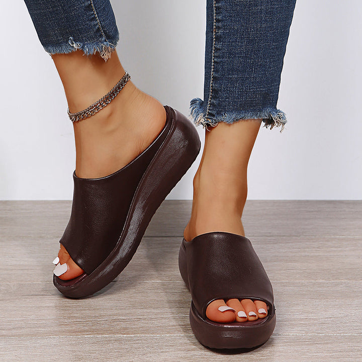 Orthopedic sandals, dark brown open-toe slide with angled strap and thick sole