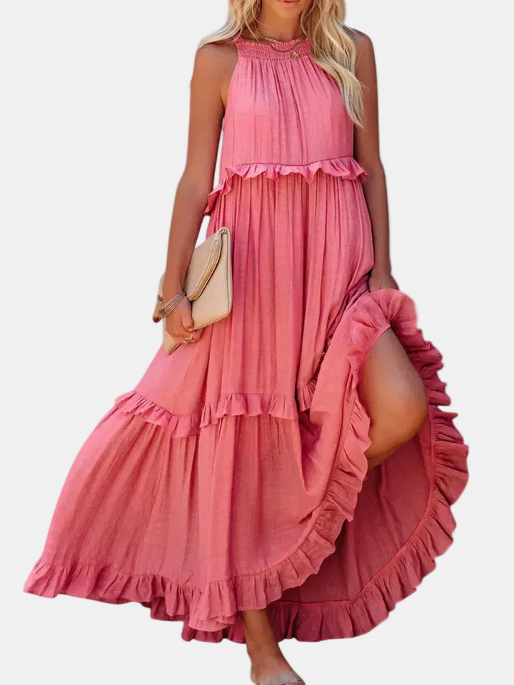 Rose pink sleeveless long dress with tiered ruffle layers and gathered neckline