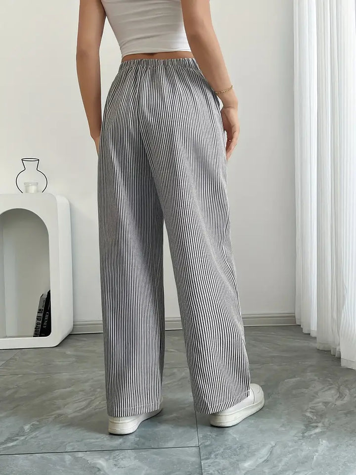 Striped wide-leg pants with elastic waistband and tie drawstring, black-and-white pinstripes