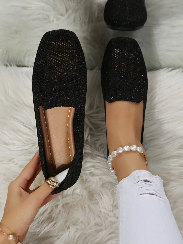 Black knit slip-on orthopedic shoes with pearl ankle strap and low heel