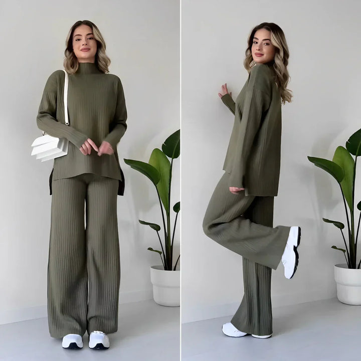 Ribbed knit sweater and wide-leg pants set, olive green mock neck, long sleeves