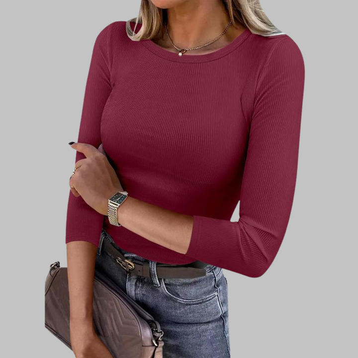 Burgundy crewneck slim-fit top with long sleeves and ribbed knit texture