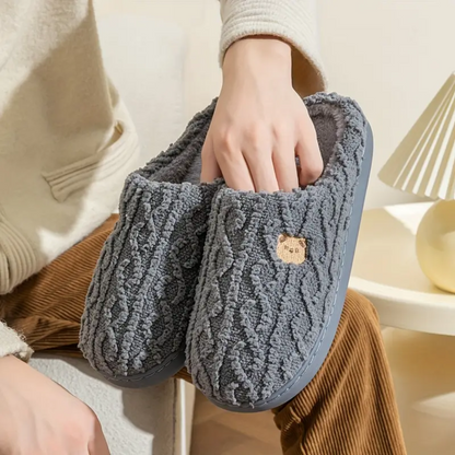 Gray fuzzy bear print slippers, slip-on with cushioned sole and plush textured upper