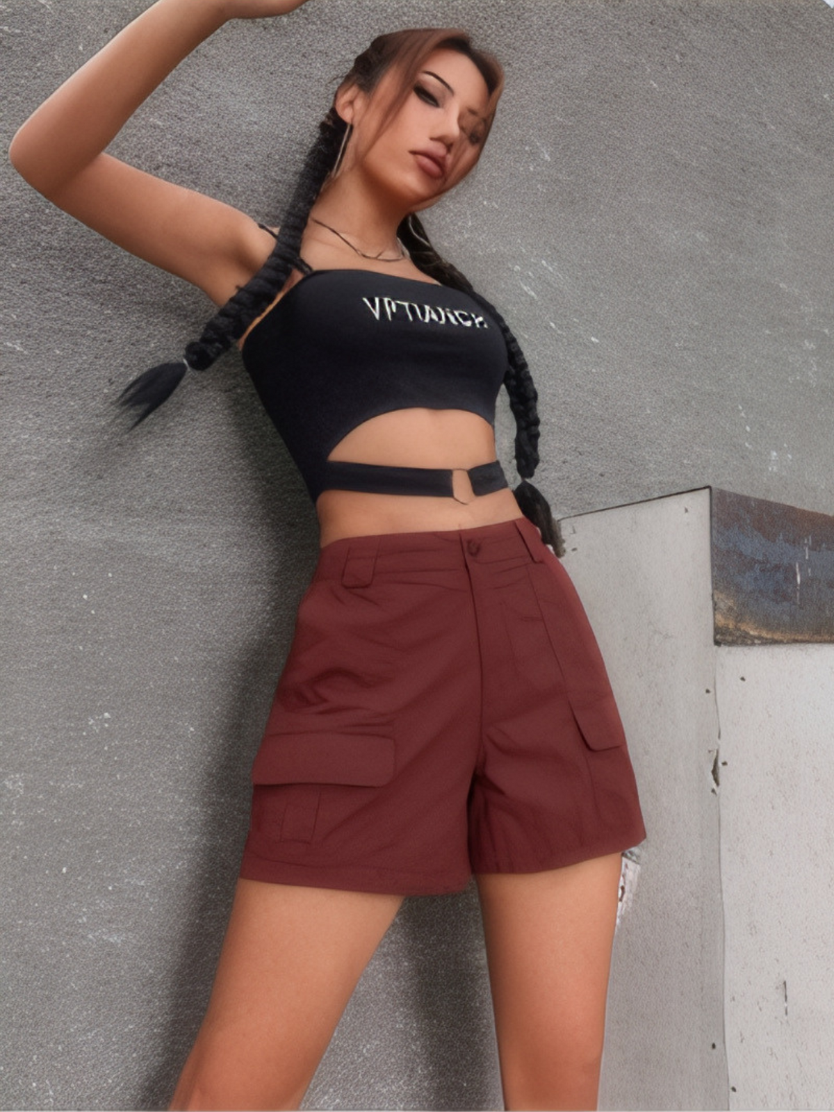 Burgundy cargo shorts with flap cargo pockets and button front