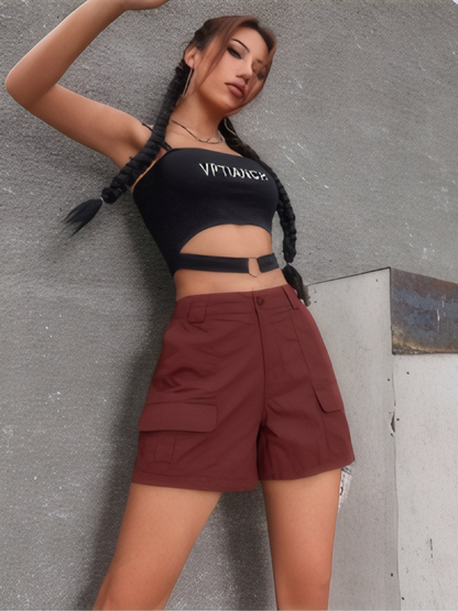 Burgundy cargo shorts with flap cargo pockets and button front
