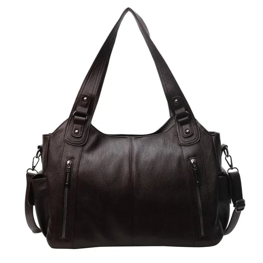 Espresso large shoulder bag with dual front zippers and adjustable shoulder straps