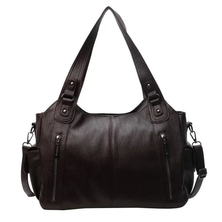 Espresso large shoulder bag with dual front zippers and adjustable shoulder straps